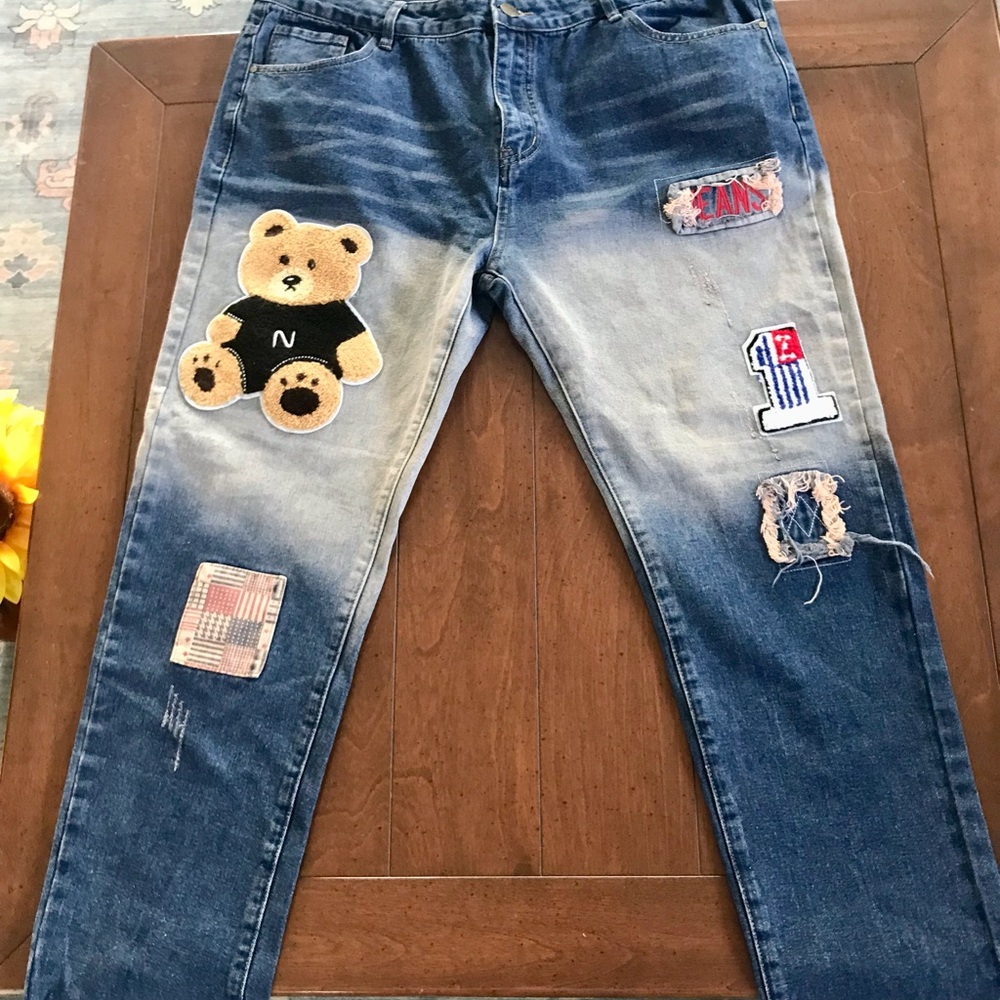 Denim Ombré Jeans with Fun Bear Patch and Distressed Details‎